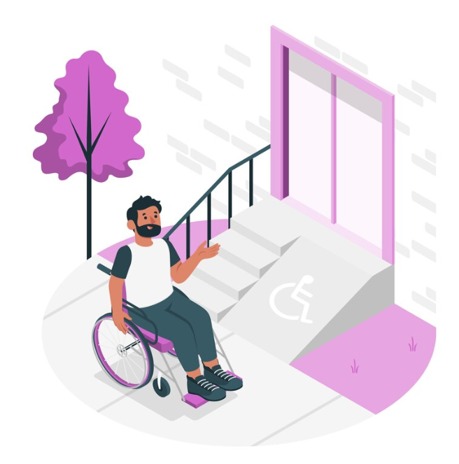 Illustration of a man in a wheelchair gesturing toward a building entrance with a ramp and a wheelchair accessibility symbol, next to a pink tree.