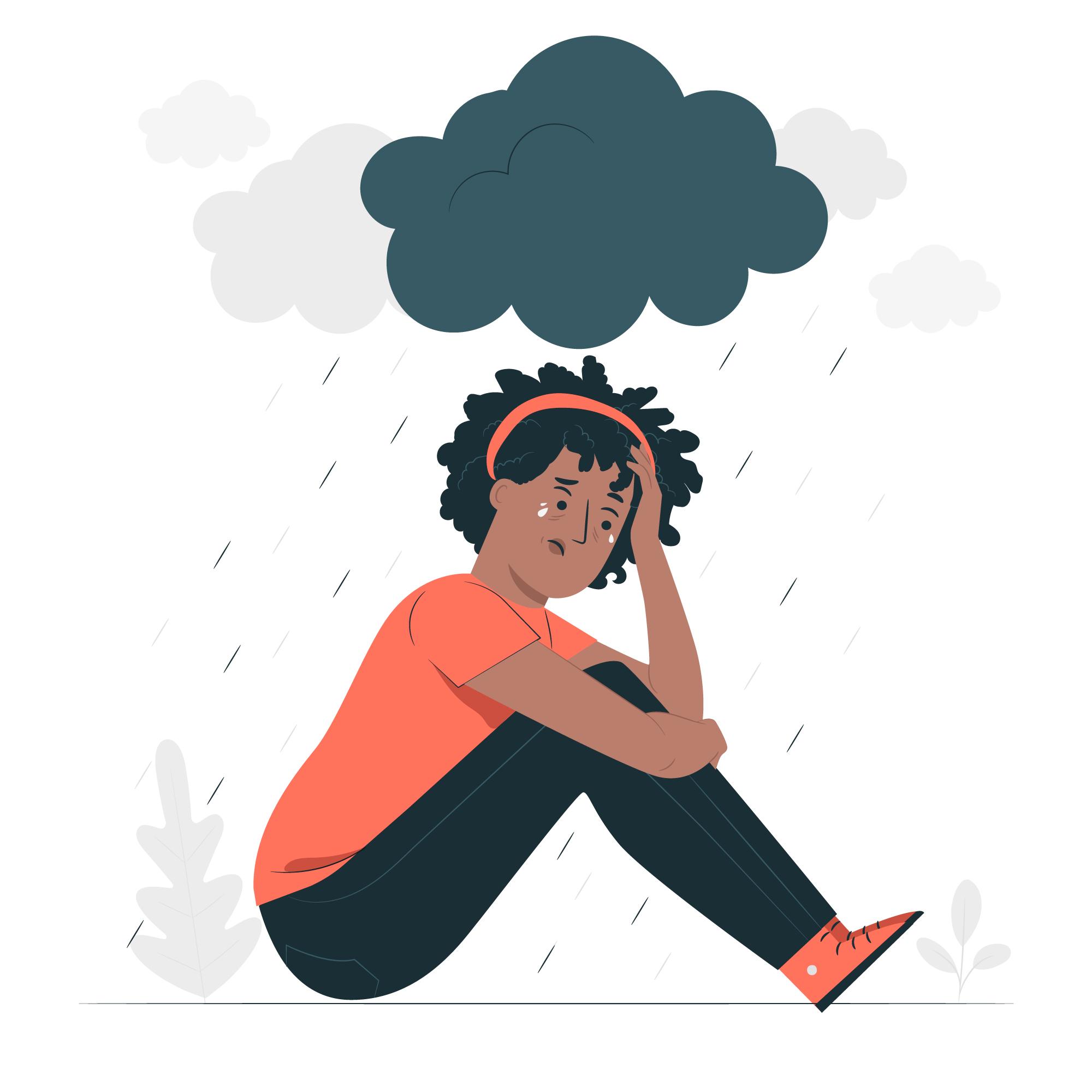 Illustration of a person sitting under a dark rain cloud, looking sad. They wear a red shirt, black pants, and a headband, conveying a gloomy mood.