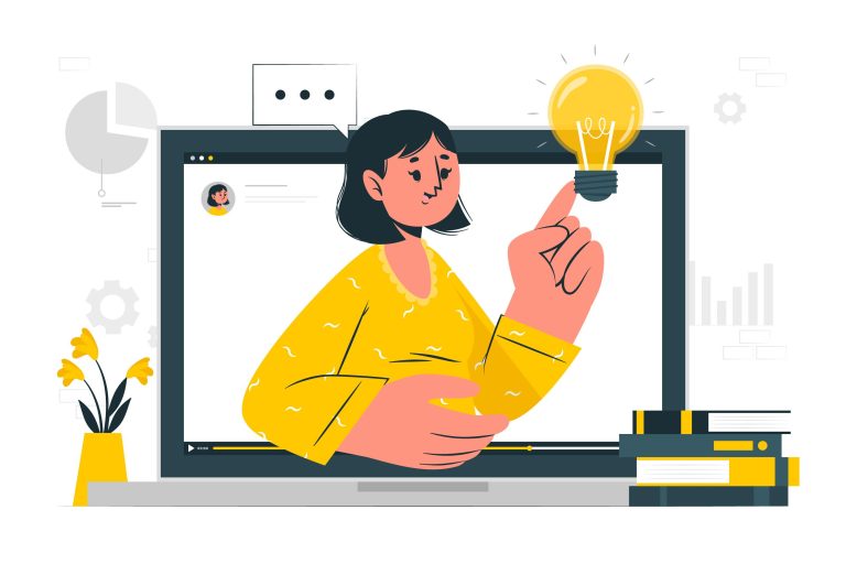 Illustration of a woman in a yellow shirt emerging from a laptop screen, holding a glowing light bulb, symbolizing creativity. Books and graphs are in the background.