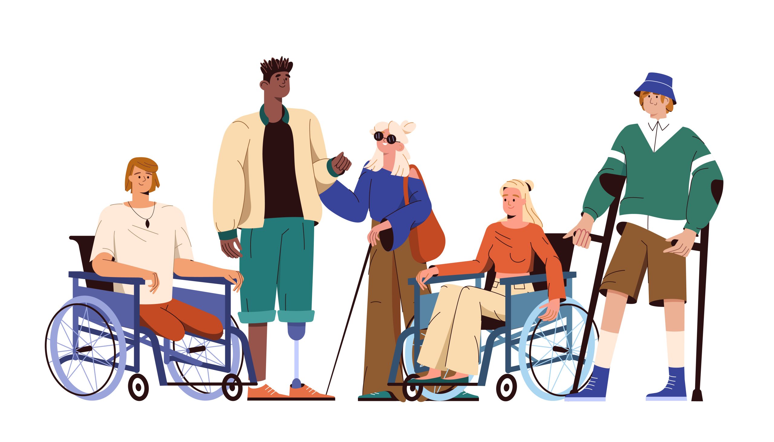 Five people with wheelchairs, a prosthetic leg, a walking cane, and crutches, stand and sit together, engaging with each other. Some smile.