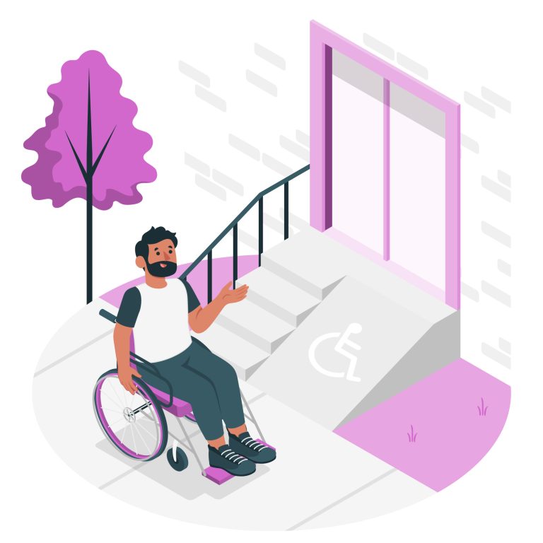 Illustration of a man in a wheelchair gesturing toward a building entrance with a ramp and a wheelchair accessibility symbol, next to a pink tree.