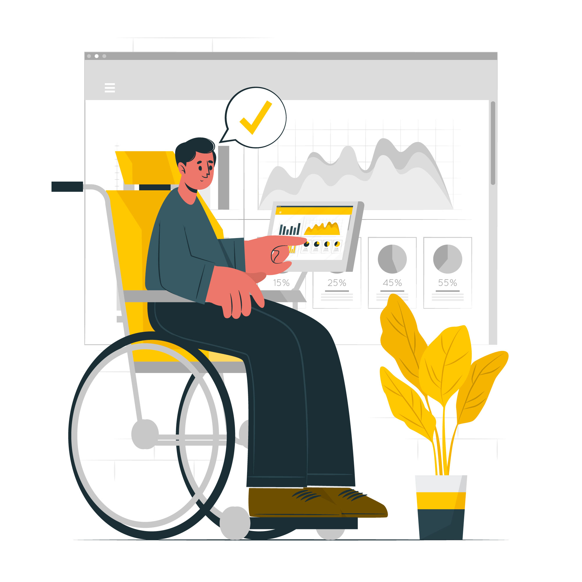 A person in a wheelchair holds a tablet displaying graphs and charts, with a large screen of analytics in the background and a yellow plant nearby. A speech bubble with a checkmark is above his head.