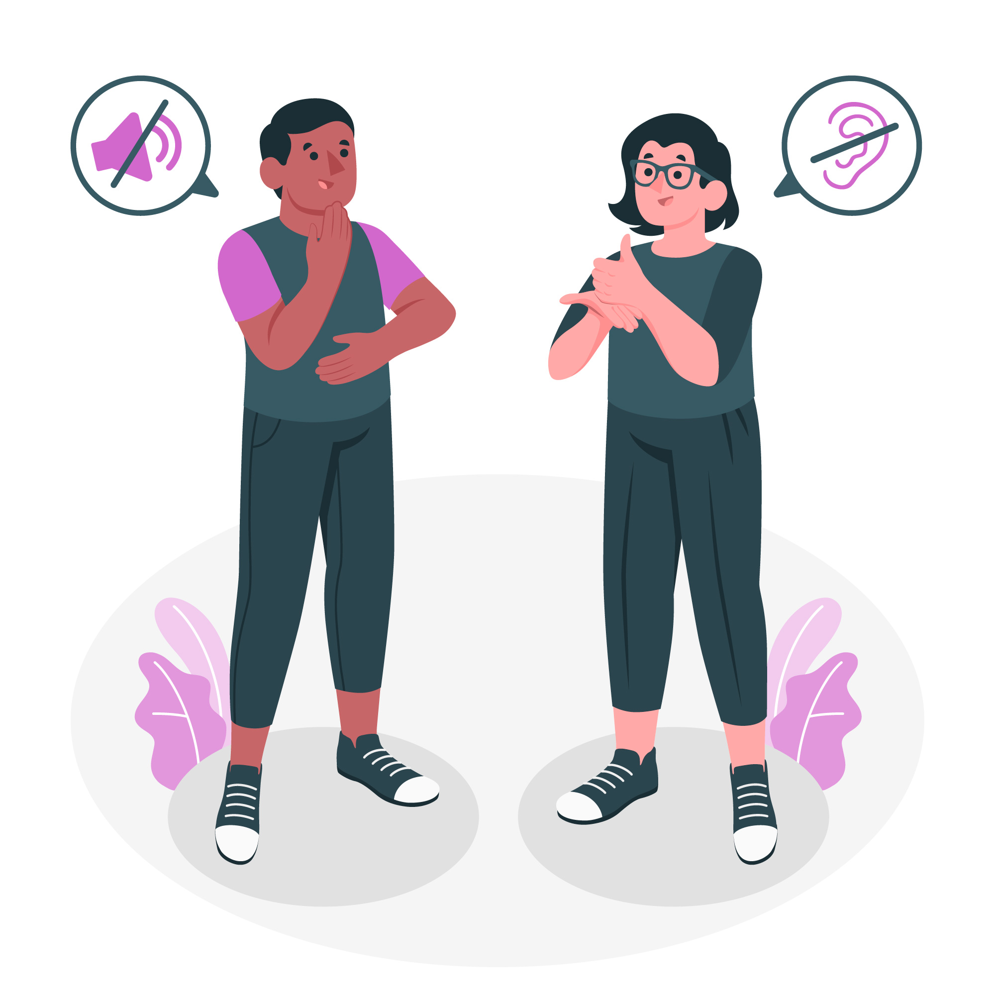 Two people use sign language to communicate. Speech and hearing impairment symbols appear above their heads, indicating that they are communicating non-verbally. Both are standing and wearing casual clothing.