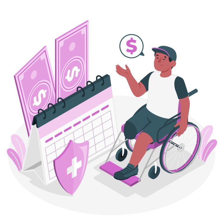 A man in a wheelchair with a calendar and cash, representing budgeting and scheduling in daily life.