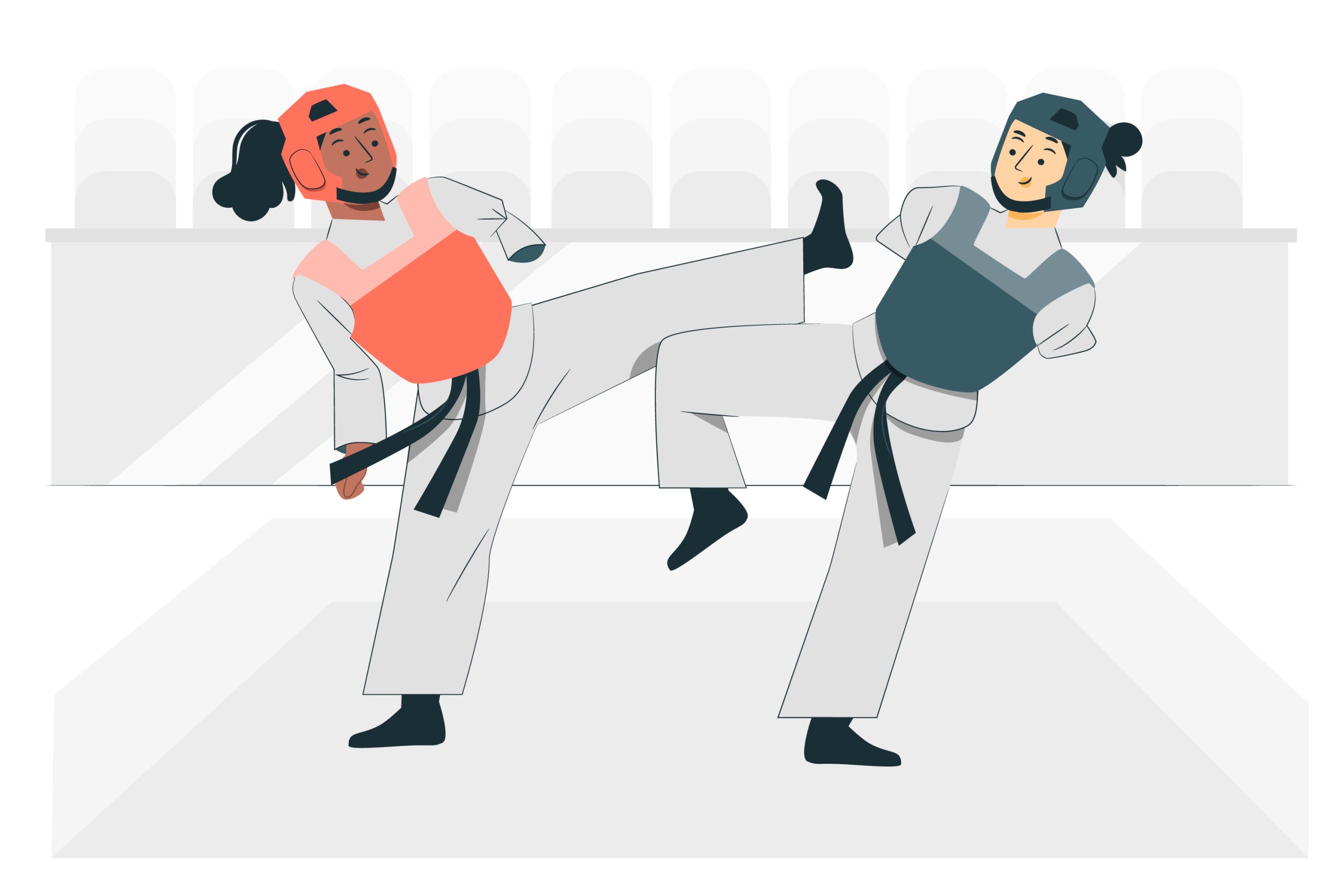 Two martial artists wearing protective gear and black belts are sparring in a ring. One is delivering a kick to the other’s chest. One fighter appears to have only one arm, the other appears to have lost both.