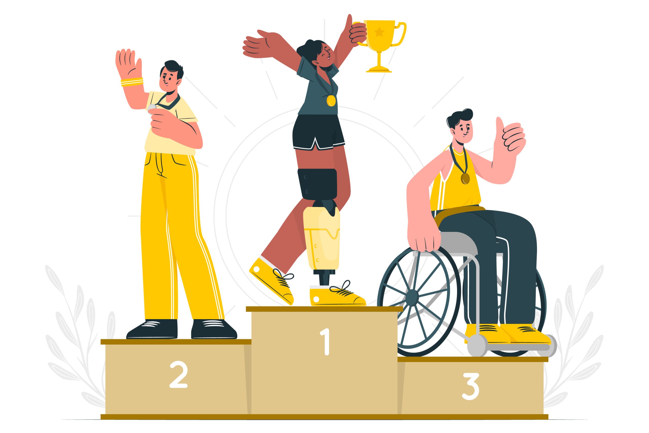 Three athletes stand on a winners podium. The gold medalist, with a prosthetic leg, raises a trophy. The silver medalist waves, and the bronze medalist in a wheelchair gives a thumbs up.