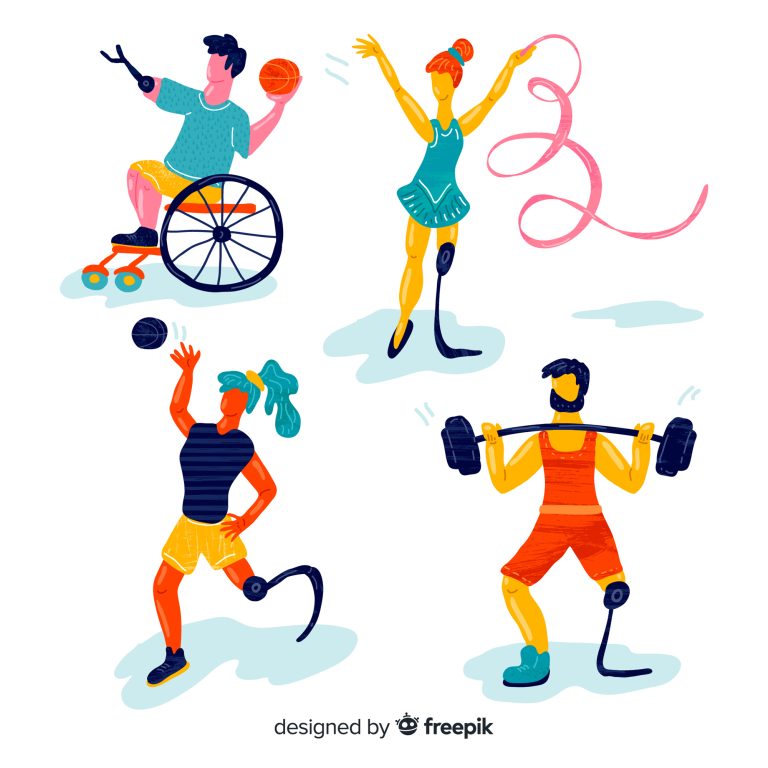 Illustration of four athletes: a person in a wheelchair playing basketball, a dancer with a prosthetic leg using ribbons, a runner with a prosthetic leg, and a weightlifter with a prosthetic leg.