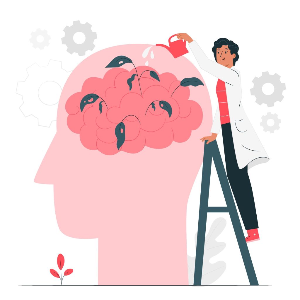 Illustration of a person in a lab coat watering a pink brain filled with blooming flowers on a giant head, symbolising nurturing mental health. The mood is positive and caring.